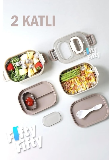 Vagonlife 1 L İki Kat Üç Bölme Paslanmaz Çelik Bento Lunch Box Sos Kaseli Mode