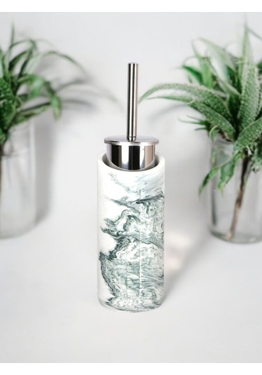 2 Parça Yeşil Mermer Desenli Beton Tuvalet Fırçası Metal Wc Fırçalığı Yeşil