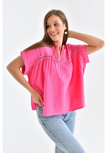 Dantel Detay Kısa Dokuma Bluz FUŞYA