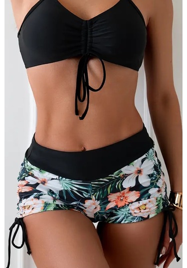 Angelsin Büzgü Ayarlı Baskılı Deniz Şortu Bikini Alt Siyah