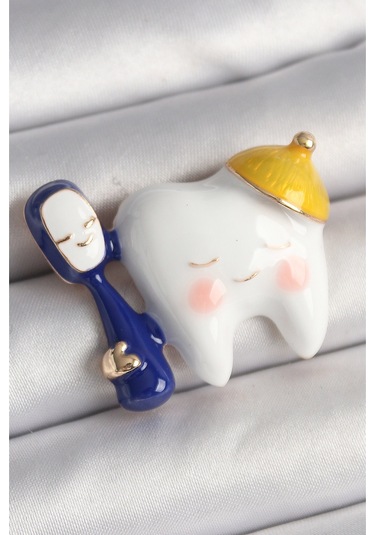 Pirinç Gold Renk Gülen Beyaz Diş Mavi Diş Fırçası Model Kadın Broş Gümüş Rengi