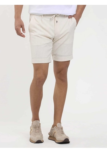 Dufy Ekru Erkek Slim Fit Çizgili Casual Short - 104661-Ekru