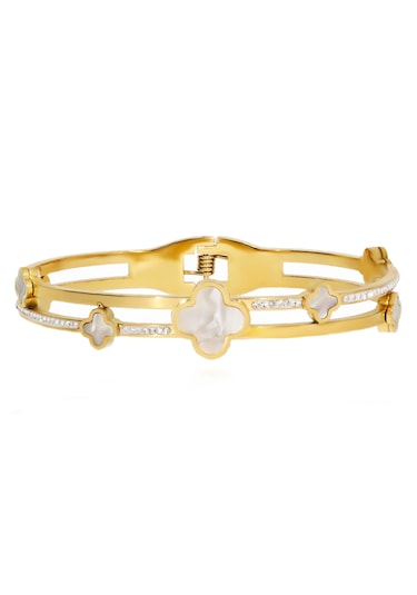 Kadın Beyaz Yonca Ve Taş Model Çelik Bilezik Gold