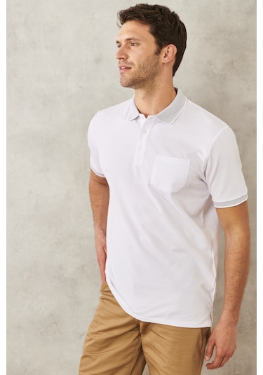 Ac&Co / Altınyıldız Classics Erkek Beyaz-Beyaz Polo Yaka Cepli Regular Fit Bol Kesim Düz Tişört 4A4820200004Bby4XL Beyaz