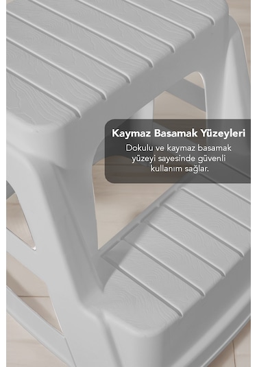 Büyük Boy 2 Basamaklı Merdiven Tabure - Kaydırmaz Tabanlı Çok Amaçlı Basamak Tabure Gri