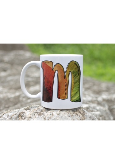 M Harf Yaprak Renkleri İle Kupa Bardak - Kişiye Özel Alfabe Harfli Bardak - Hediye Beyaz