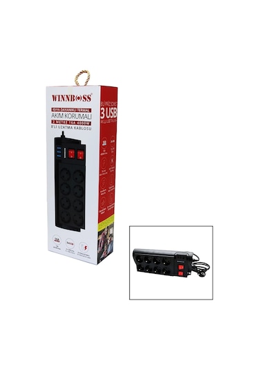 Termal Akım Korumalı 16a 8li Priz 3xusb 2mt Anahtarlı Uzatma Kablo Siyah 4172 Diğer