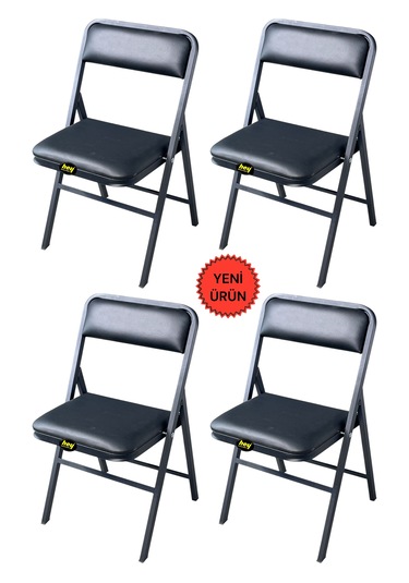 Hey 4'lü Katlanır Kamp Sandalyesi Piknik Sandalyesi Siyah Deri Siyah