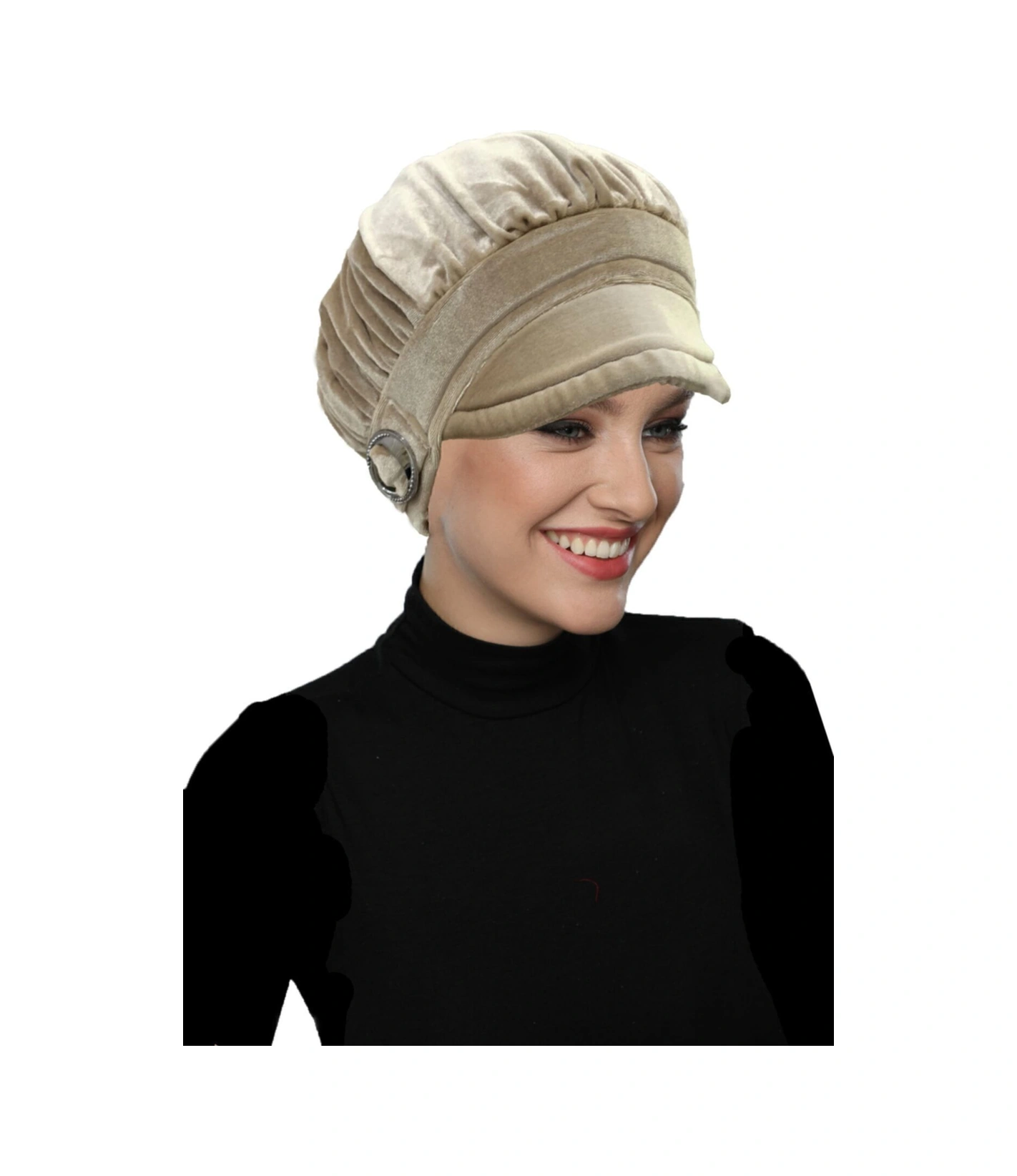 Kadife Şapka Toka Detaylı Bej Hazır Türban Tesettür Bone Bej