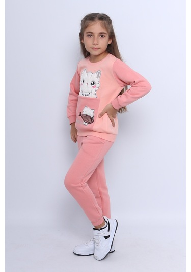 Kız Çocuk 3 İplik Eşofman Takımı Kedi Baskılı E4 Somon