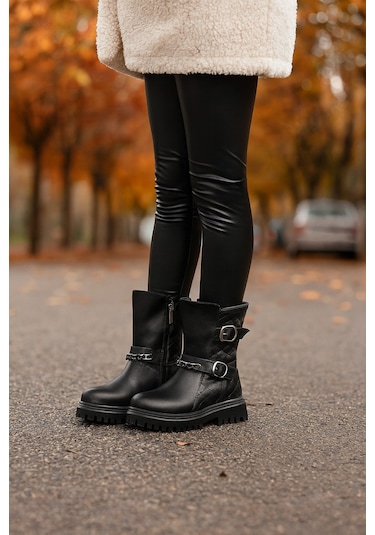 Ortopedik Bağcıklı Fermuarlı Kız Çocuk Bot Ayakkabı Siyah Kız Çocuk Bot Siyah - Siyah