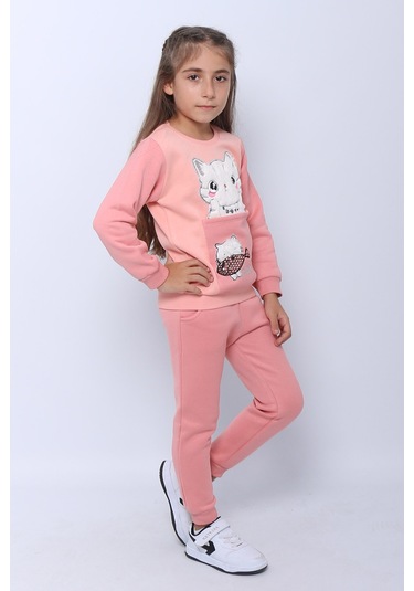 Kız Çocuk 3 İplik Eşofman Takımı Kedi Baskılı E4 Somon