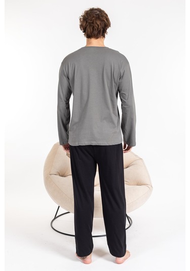 Erkek Penye Pamuk Regular Kalıp Sıfır Yaka Kaliteli Pijama Takımı A803123-koyu Gri Koyu Gri