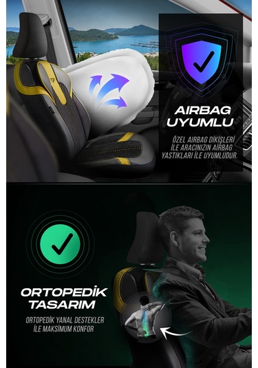 Siyah - Sarı Garni Panda Monte Carlo Serisi Velor Kadife Kumaş Oto Koltuk Kılıfı - Tam Set