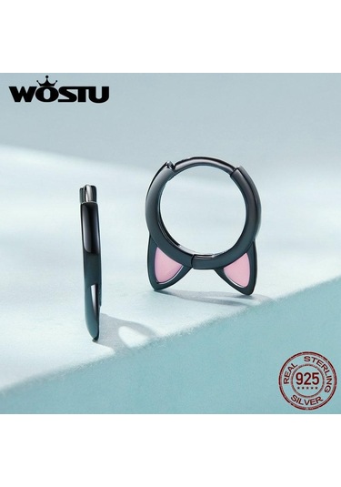 Wostu Gerçek 925 Ayar Gümüş Kedi Kulak Hoop Küpe Kadınlar Için Güzel Pembe Sevimli Pet Paw Çıtçıt Klipler Kız Benzersiz Takı Hediye A