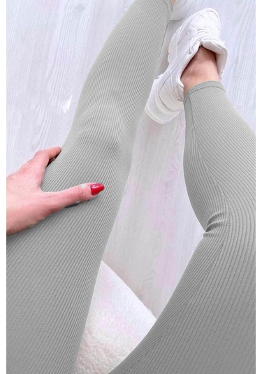 Madmext Boyalı Gri Yüksek Bel Kadın Fitilli Tayt Mg1625 Boyalı Gri