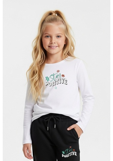 Yuvarlak Yaka Stay Posıtıve Baskılı Kız Çocuk Alt-üst Takım Beyaz