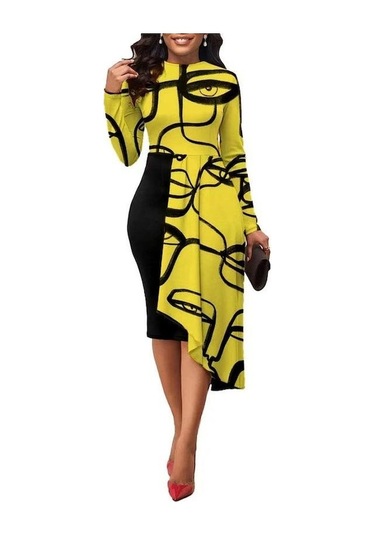 Novahub İlkbahar Ve Sonbahar Kadın Elbise Zarif Yerleşim Paketi Kalça Orta Uzunlukta Düzensiz Ekleme Elbiseler Sarı - Xl Sarı