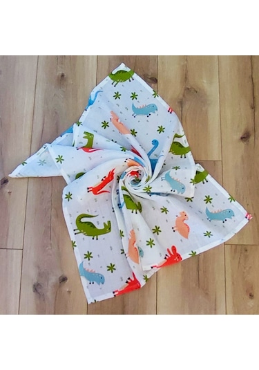 S-Mall Müslin Bebek Battaniyesi - Dinazor -Pamuk -75X85 Cm Çok Renkli