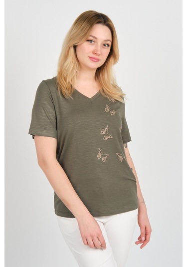 Ella Camelia Kadın Kelebek Şekilli Taş Süslemeli V Yaka Kısa Kollu Bluz 24e047 Haki Haki