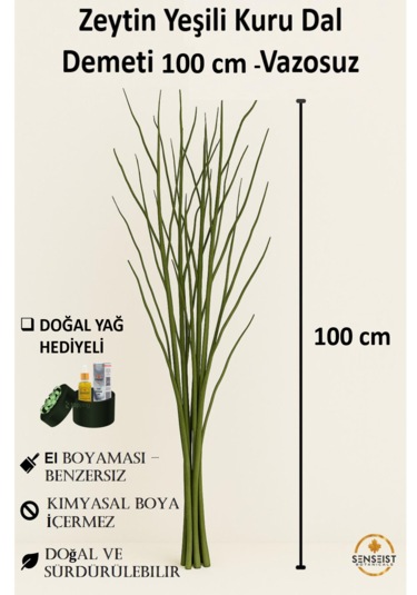 Gerçek Kurutulmuş Ağaç Dalı Zeytin Yeşili El Boyaması 100 Cm