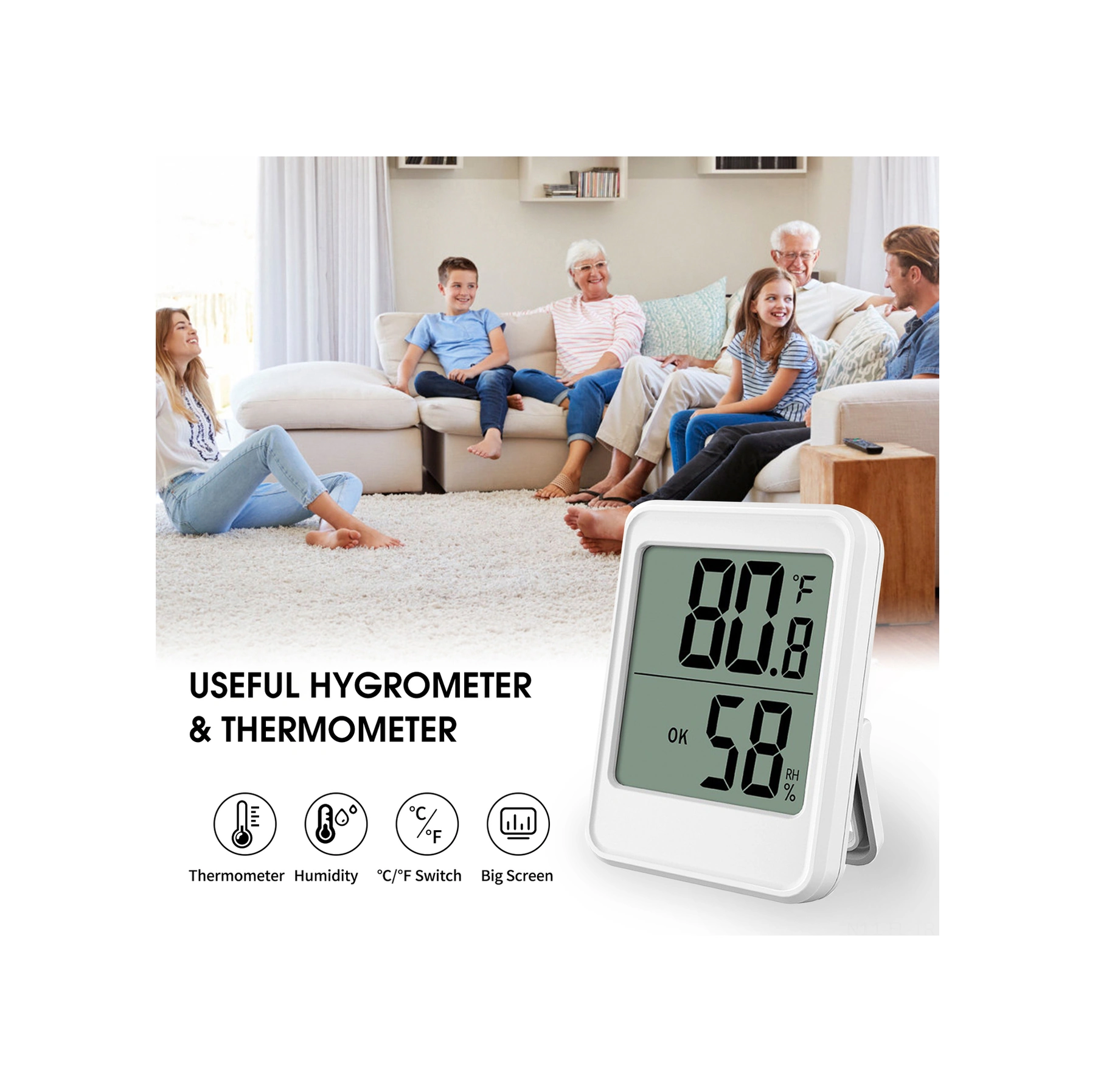 Lemestar Ev İçi Dijital Sicaklık Ve Nem Ölçer, Profesyonel Sensör, Büyük Ekran, 3 Yükleme Seçeneği, Konfor Seviyesi Gösterimi Beyaz