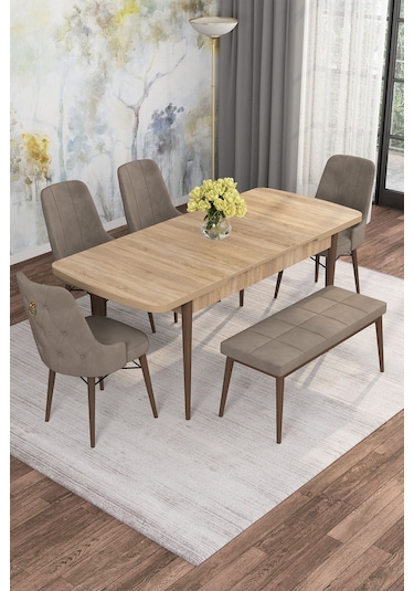 Mona Meşe 80x132 Açılabilir Mdf Masa Yemek Odası Takımı, Mutfak Takımı 4 Sandalye, 1 Bench Meşe Masa - 4+1 Cappuccino - Ceviz Ayak