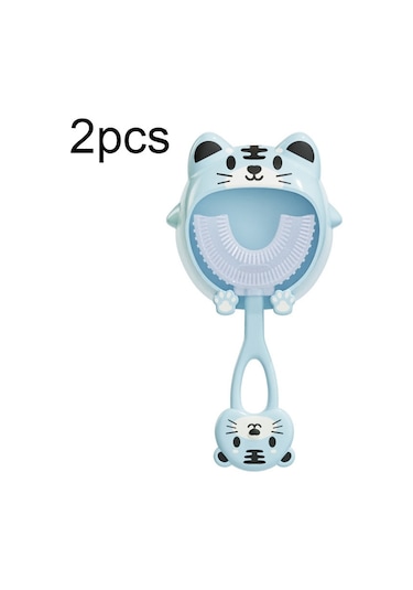 Sones S8 2 Adet Çocuk Karikatür Hayvan Manuel U Şeklinde Silikon Diş Fırçası 2-12 Yaş Arası Mavi Kaplan