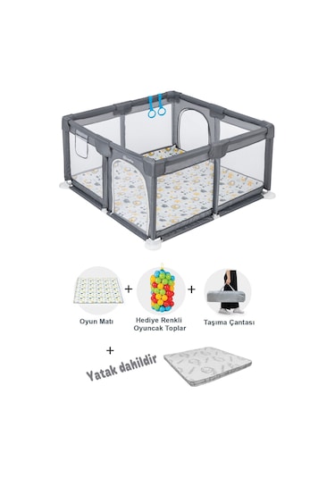 Playard Güvenli Bebek Ve Çocuk Oyun Alanı Oyun Parkı 120x120 Oyun Matı Topları Ve Yataklı Gri