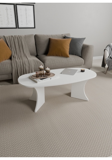 Oval Orta Sehpa Geniş Yüzeyli, Stabil Ayaklı Modern Salon Sehpası Beyaz