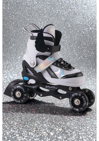 Melek Kanatlı Işıklı Çocuk Pateni Silikon Teker Ayarlanabilir Paten Taşıma Çantalı Siyah Siyah