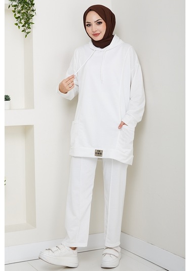 Çift Cepli Kapüşonlu İkili Takım 1663 - Beyaz Beyaz