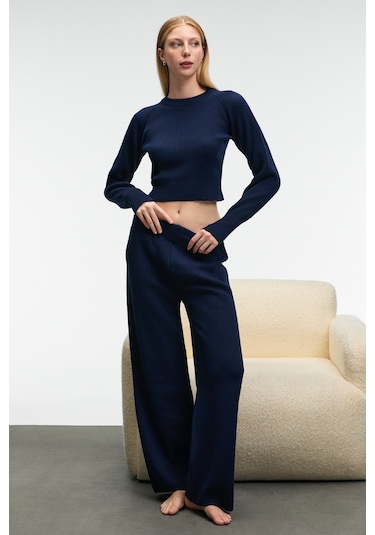 Grımelange Marıposa Kadın Yuvarlak Yaka Çizgi Desenli Crop Geniş Paça Triko Lacivert Alt-üst Takım Lacivert