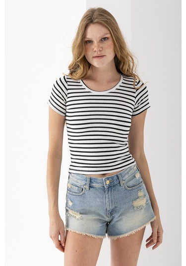 Giysa Kadın Bisiklet Yaka Çizgili Basic Body Siyah - 25509 Siyah