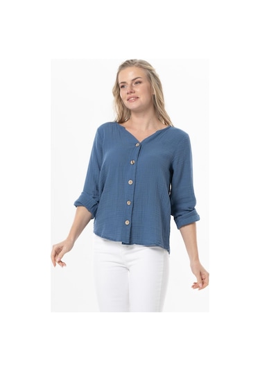 Uzun Kol Sedef Yazlık Müslin Gömlek İndigo İndg-indigo İndigo