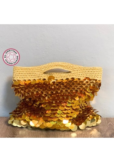 Uretti - Rukiye 7294 - El Yapımı Payetli Makrome İp Clutch Çanta 24cm / Sarı Sarı