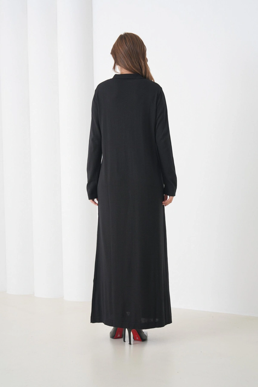 Kadın Uzun Kol Gömlek Yaka Triko Önden Düğmeli Triko Spor Şık Elbise Siyah