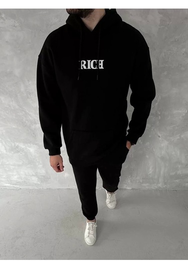 Uzun Kol Kapşonlu Göğüs Baskılı Sweatshirt - Siyah Siyah