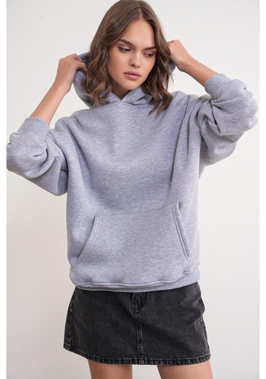 2022 Unisex 3iplik Basic Polarlı Kapüşonlu Sweatshirt Hoodie Gri Gri