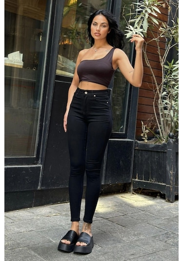 WeShaya Siyah Yüksek Bel Skinny Jean Pantolon Siyah