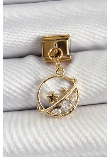 Zarif Kadın İçin Golden Çelik Sallantı Zirkonlu Satürn Bakla Bileklik