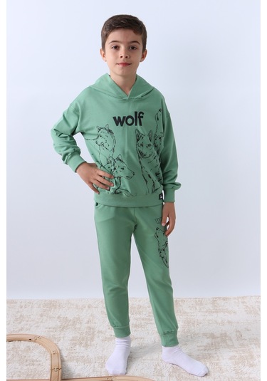Erkek Çocuk Kapşonlu Eşofman Takımı 4 Mevsim Wolf Baskılı Ribanalı F12 Yeşil