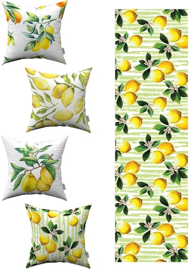 Sarı Yeşil Limon Desenli 4'lü Kırlent Kılıfı 1 Runner Seti 4kmbs92-rs-02