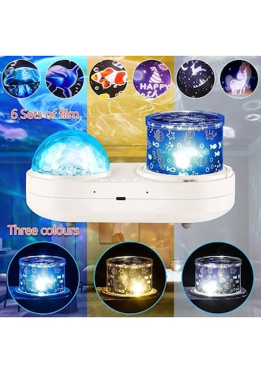 Honeybeeshop 6 In 1 Projeksiyon 1 Adet Yıldız Led Gece Lambası Projeksiyonu 3-12 Yaş Kız Erkek Çocuk Hediye Yatak Odası Dekor Mavi Noel İçin Ideal 16renk Şarj Edilebilir