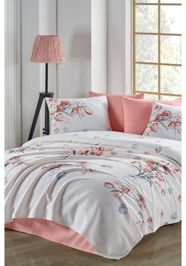 Liya Beyaz Baskılı Pike Takımı Çift Kişilik %100 Pamuk Beyaz