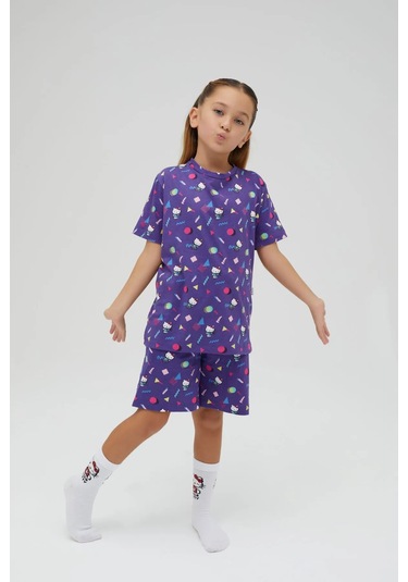 Hello Kitty Kız Çocuk Kısa Kollu Şortlu Pamuklu Pijama Takımı Renklı