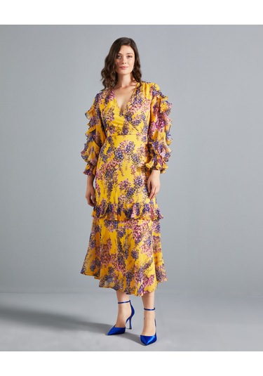 Çiçek Desenli Kadın Elbise - Katlı Etek Detaylı - Fırfırlı Kol - V Yaka - Modern Ve Şık Tasarım - Günlük Ve Özel Gün İçin Elbise Sarı