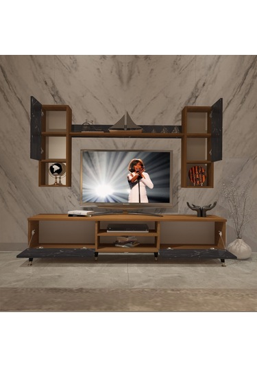 Decoraktiv Eko 5da Mdf Dvd Gold Tv Ünitesi Tv Sehpası Ceviz - Siyah Mermer