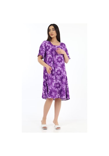 Schık Kadın Viskon Yarım Kol Kare Yaka Elbise Mor Mor
