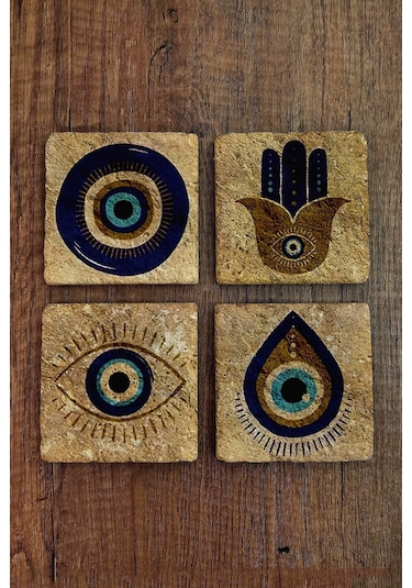 Doğal Taş Bardak Altlığı 10x10x1 Cm Nazar Boncuğu Desenli - Stone Coasters Çok Renkli